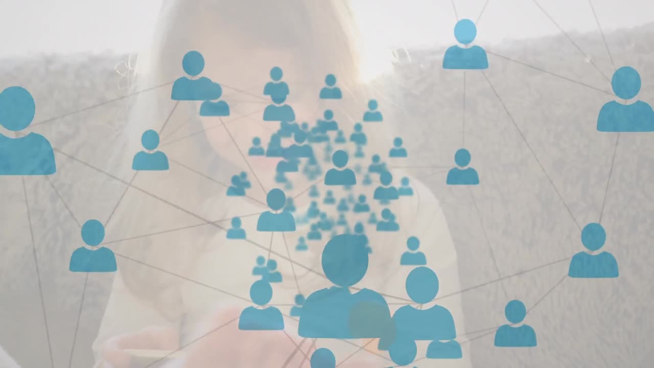 스마트 폰을 사용하는 유아를 통해 아이콘으로 연결 네트워크의 애니메이션