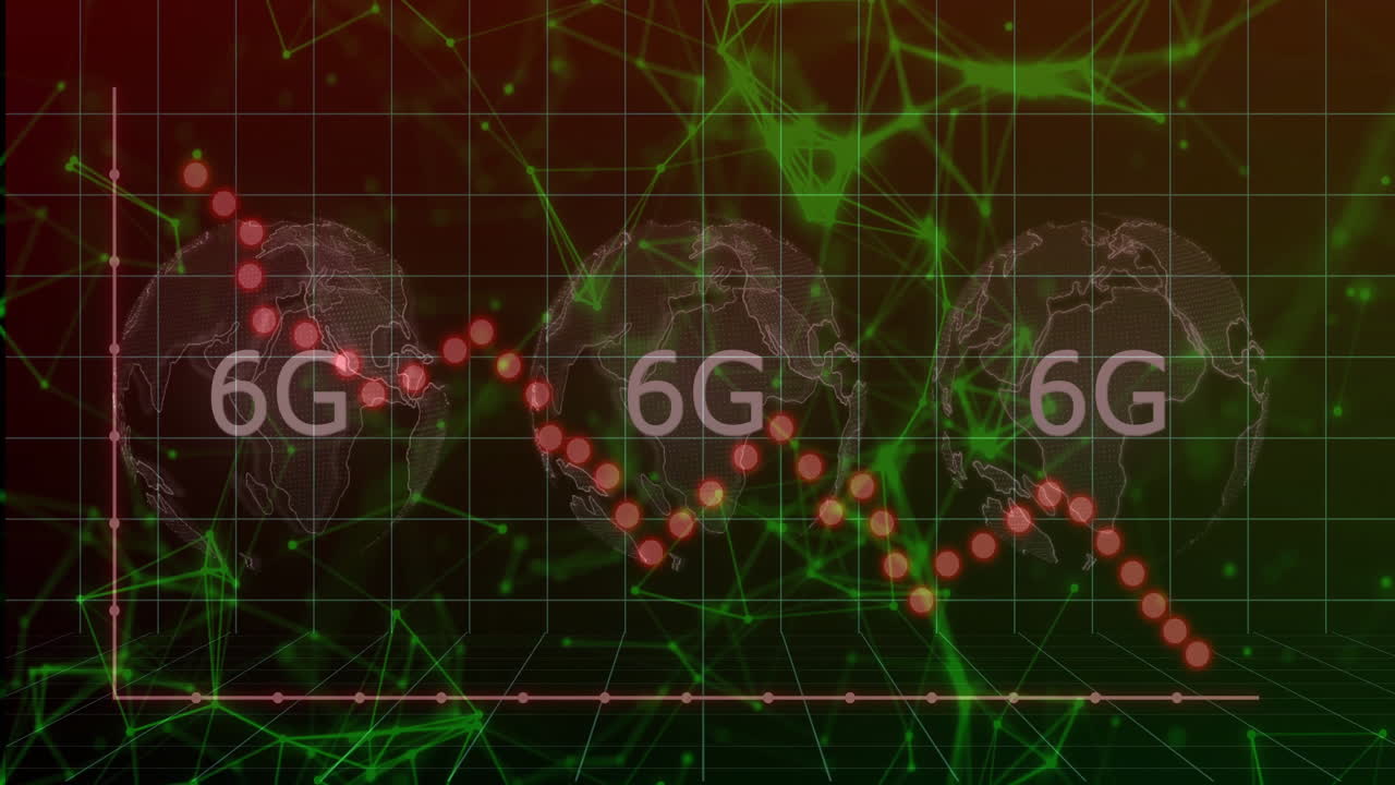 6G network being visualized on three wireframe globes, featuring red data curve and grid