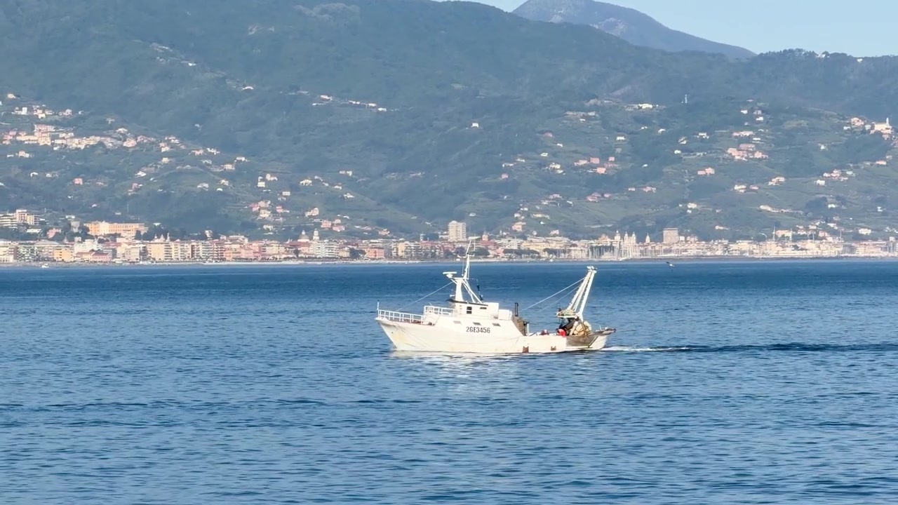 Un peschereccio commerciale bianco naviga su acque calme e blu sullo sfondo di un paesaggio costiero montuoso.
