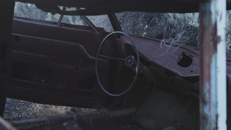 rusty steering wheel in an abandoned station wagon