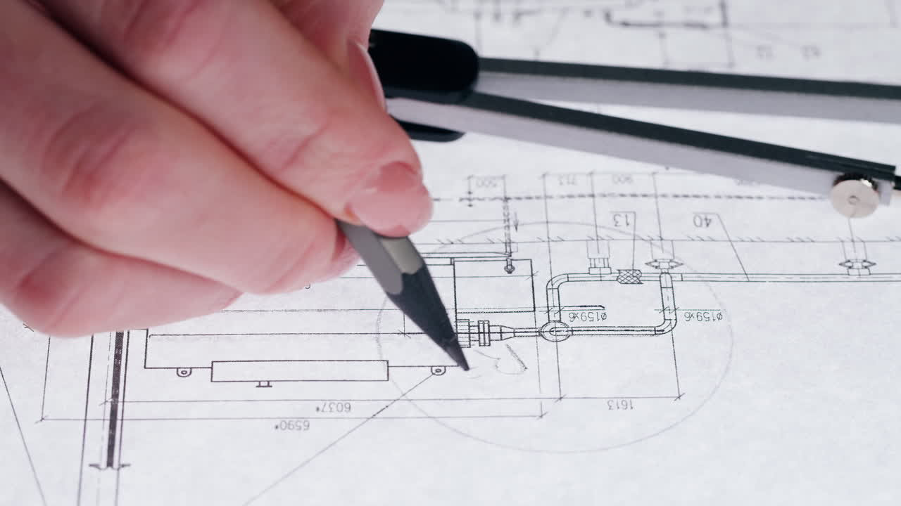 A person's hand using a compass on a technical blueprint or engineering drawing