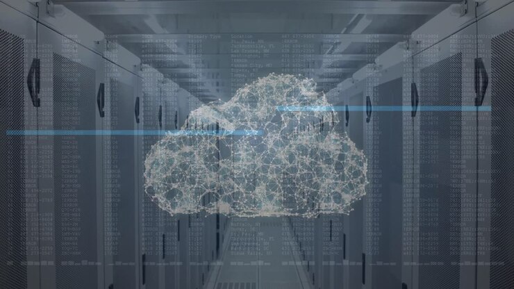 Cloud of network of connections and data processing against empty server room