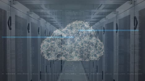 cloud of network of connections and data processing against empty server room