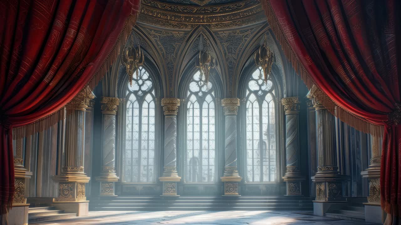 A majestic, ornate hall with gothic arches and red drapes. The wide-angle shot captures a cinematic