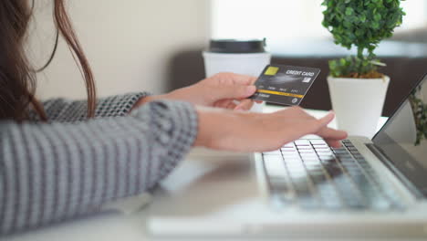 close up female hands entering credit card details on laptop slomo