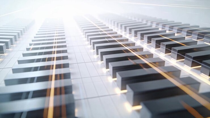 Advancing camera showing dark block rows on glossy grid, golden streaks pulsing toward bright flare