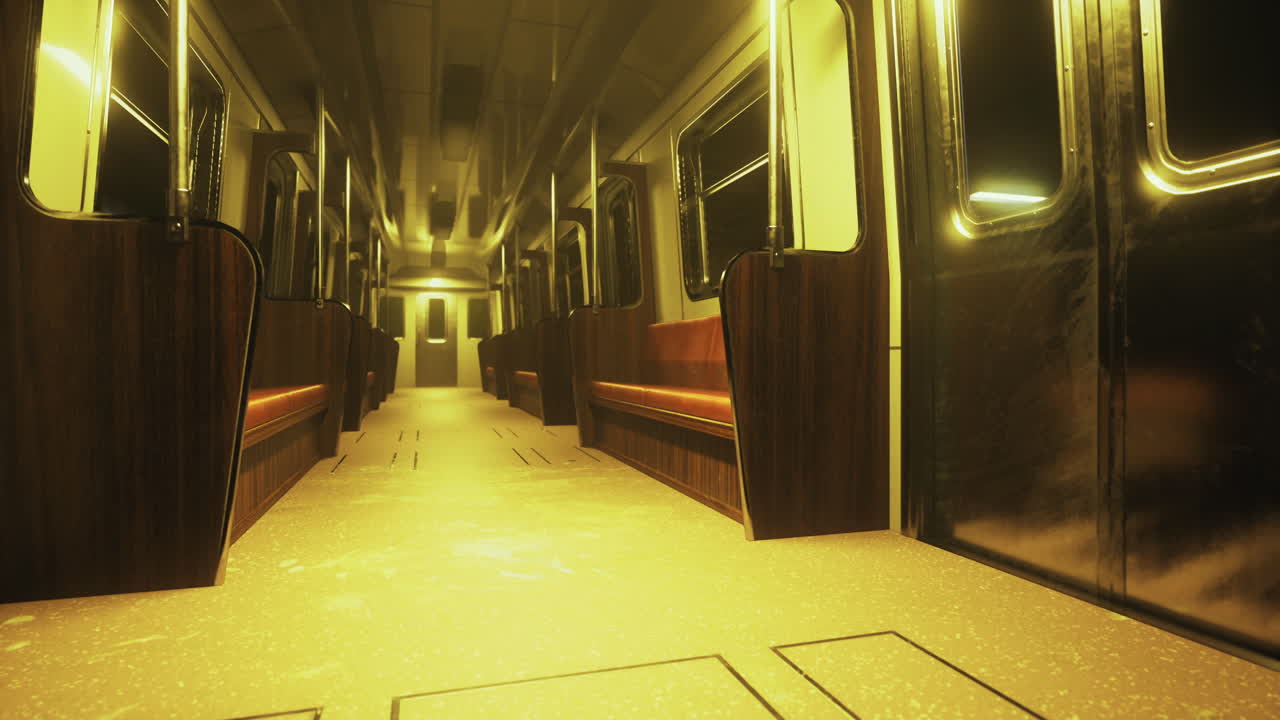 Illuminated subway car with warm lights casting a golden glow at dusk