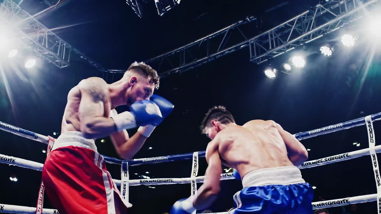 Dynamic low-angle shot of two boxers in action, highlighting intensity and athleticism, perfect
