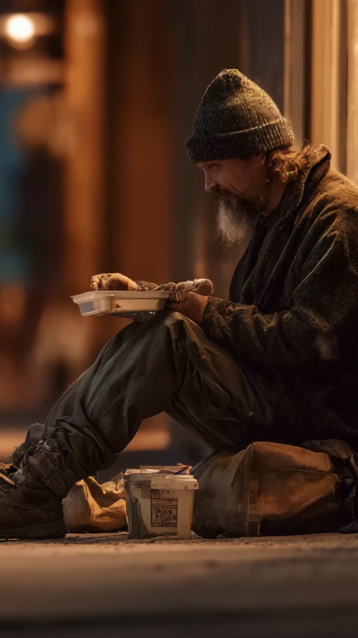A Resilient Soul, Enjoying a Simple Meal on the Streets: A Portrait of Humanity Amidst Struggles and Challenges in Urban Life