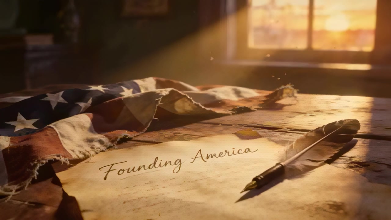 Sunbeam warming parchment reading Founding America and quill on desk, dust, folded US flag