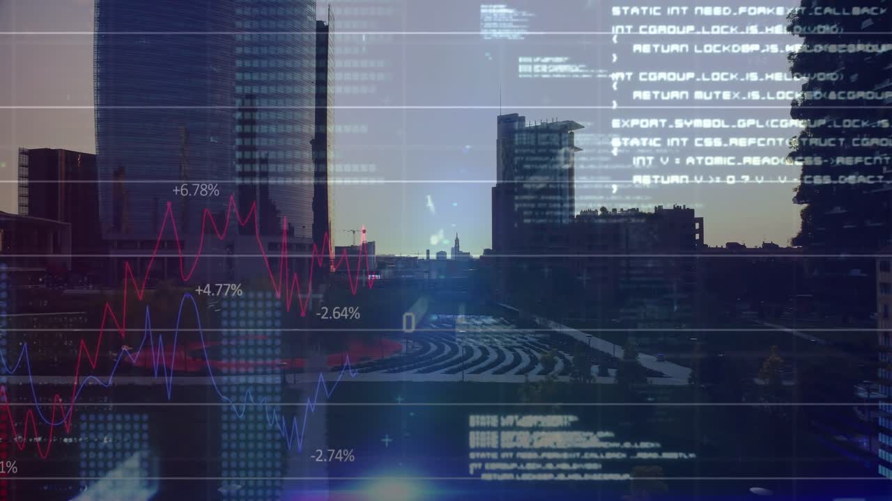 Sole che tramonta dietro un edificio di media altezza, creando sovrapposizioni, grafici rossi e blu in aumento, che mostrano le tendenze di mercato