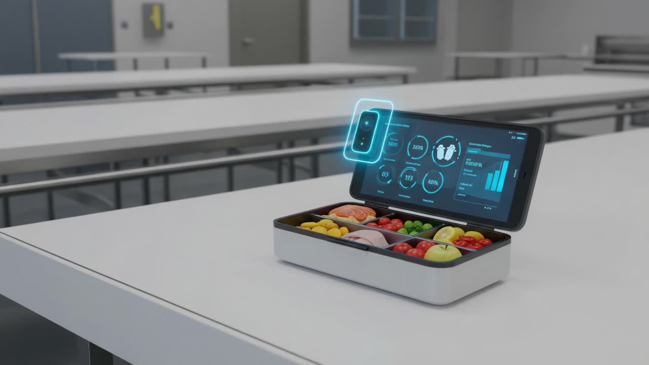 A High-Tech Food Container with a Smart Display: Showcasing an Interactive App on a Smartphone, Monitoring Nutritional Information and Enhancing Meal Experiences
