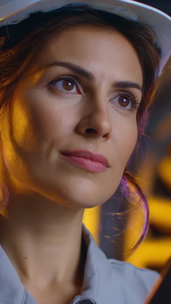 Focused Female Engineer in Hard Hat Reflecting on Innovative Ideas and Technology Solutions in a Modern Industrial Environment with a Determined Expression