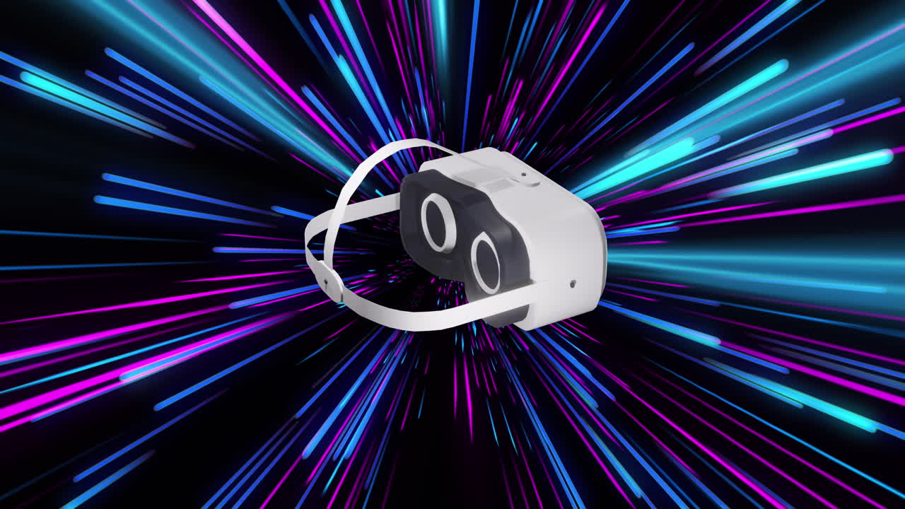 animación del auricular vr sobre rastros de luz de neón rosado y azul