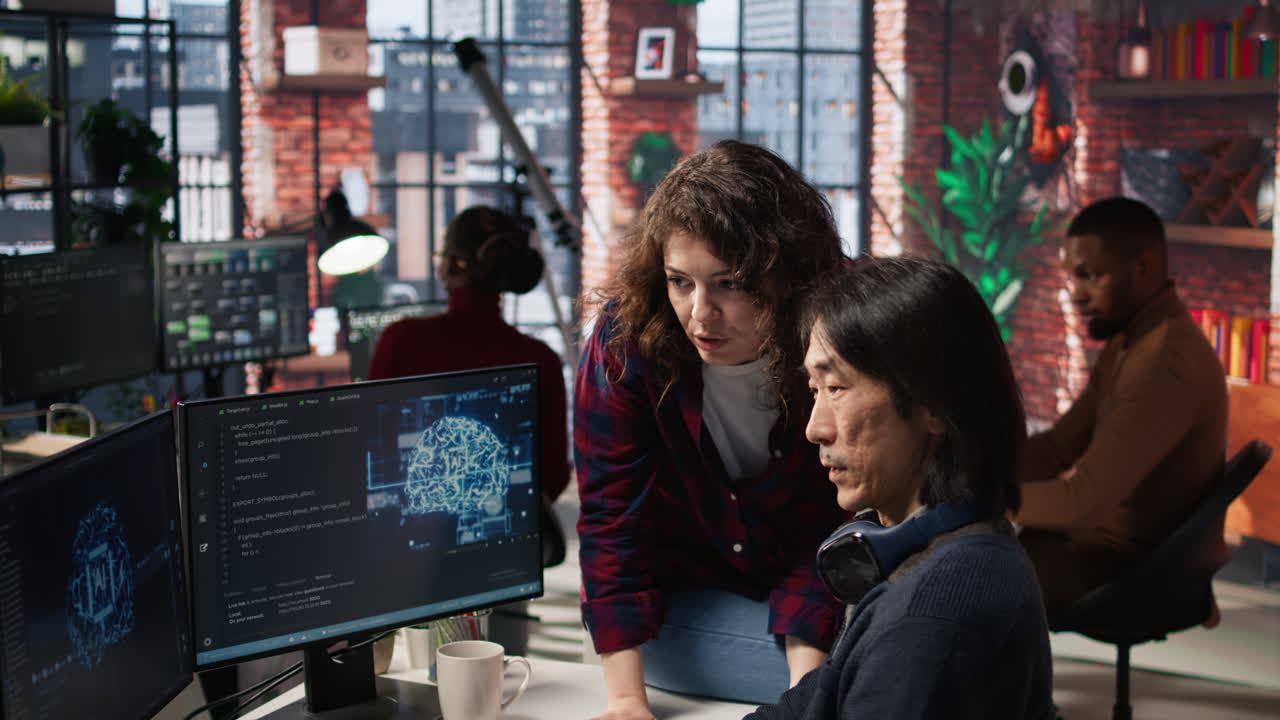 Upbeat employee asks questions to AI startup senior team leader