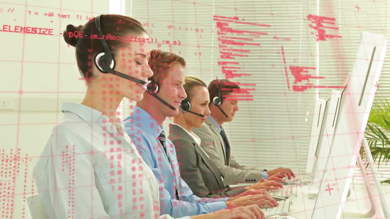 전화 헤드 ⁇ 을 사용하는 비즈니스 사람들에 대한 데이터 처리 애니메이션