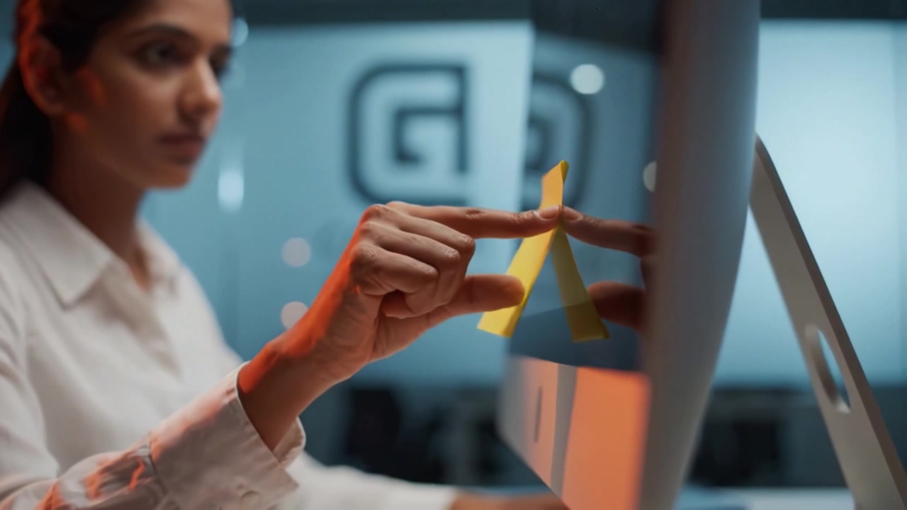 Profesional concentrado analizando documentos en pantalla de ordenador con una nota amarilla brillante como sujeto principal en un entorno de oficina moderno.