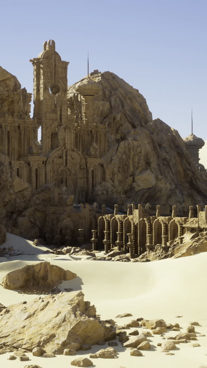 Desert scene with unique rock formations and ancient architecture
