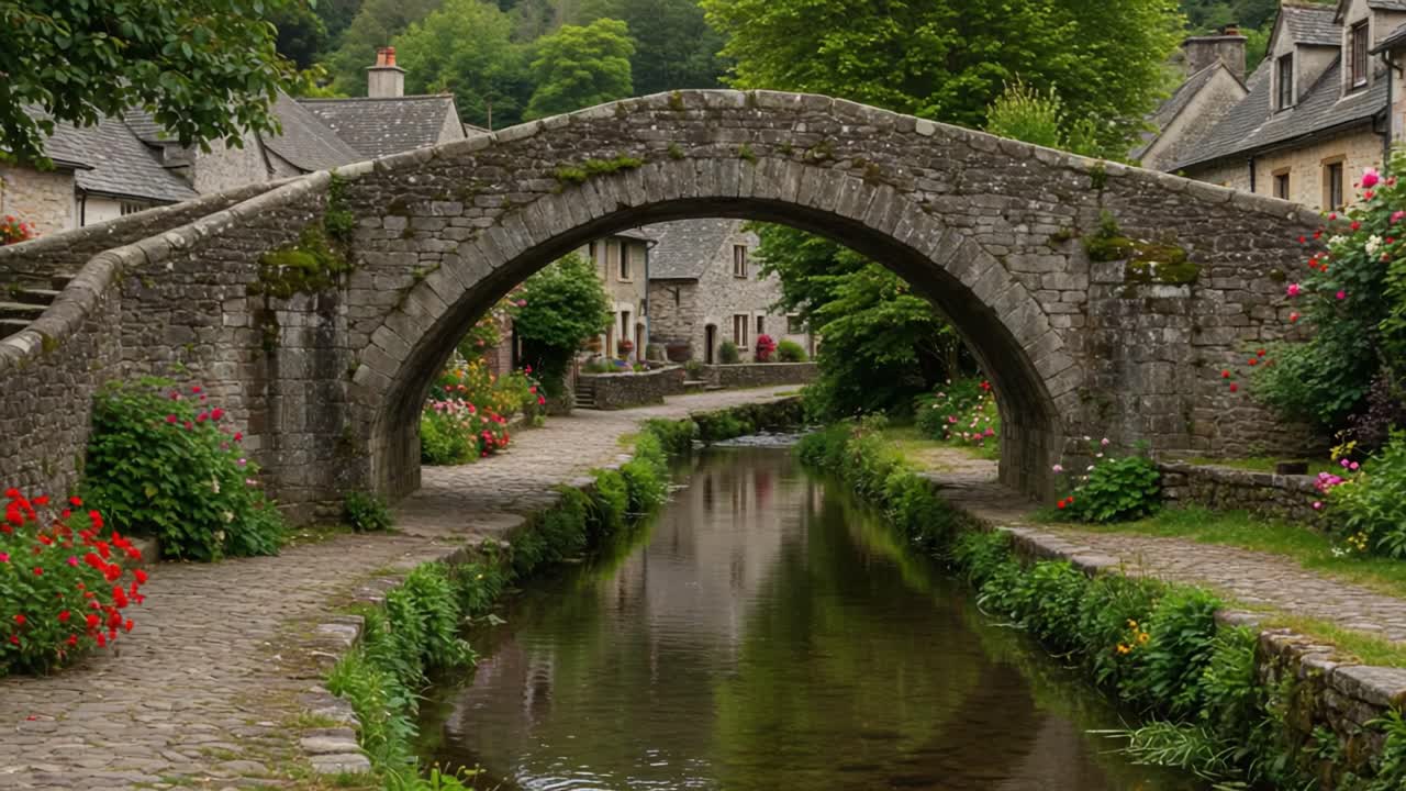 Charming Stone Bridge Over Serene Waterway Surrounded by Lush Greenery and Vibrant Flowers in a Picturesque Village Setting