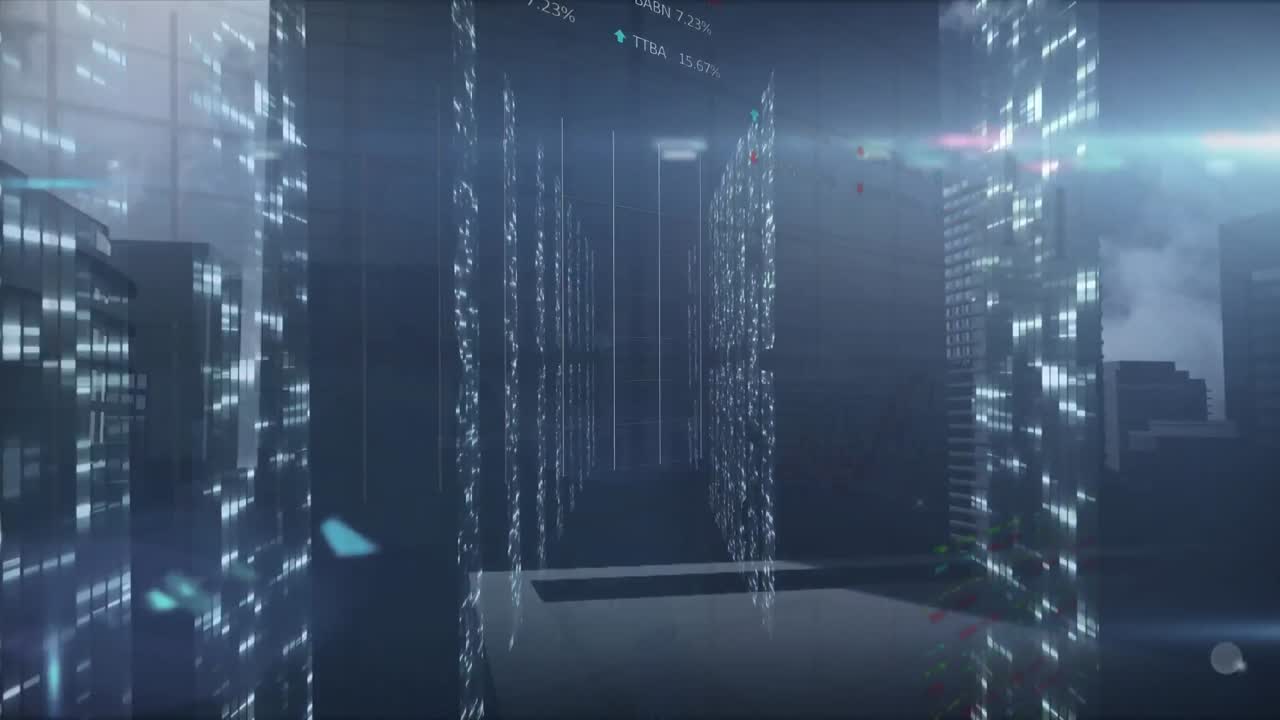 Animation of graphs with financial data processing in server room against office buildings