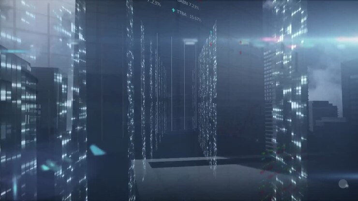Animation of graphs with financial data processing in server room against office buildings