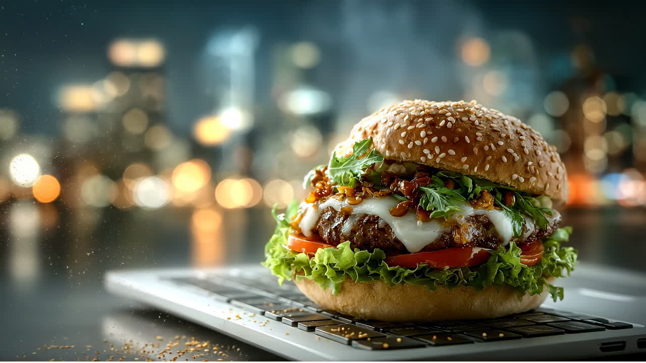 Gourmet burger in city night. A juicy burger with lettuce, tomato, and cheese sits on a platter against a vibrant city skyline