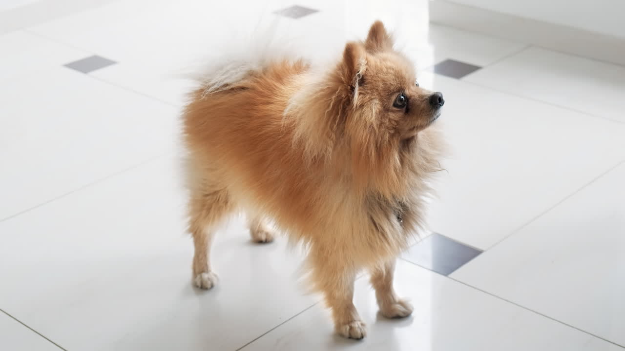 A pomeranian with yellow fur and brown eyes staying on the floor