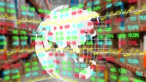 animation of financial data processing over globe and warehouse