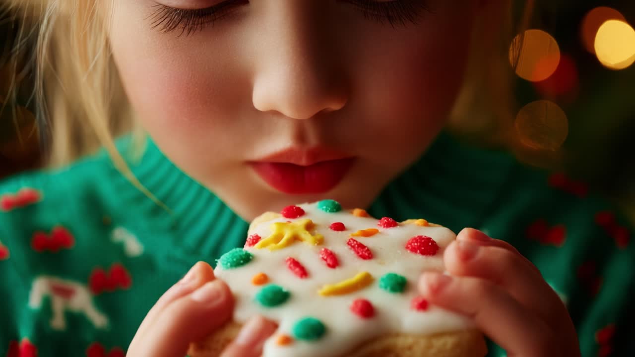 A Sweet Holiday Moment: A Young Child Delicate Cradles and Prepares to Enjoy a Colorfully Decorated Gingerbread Cookie Filled with Joy and Festive Cheer