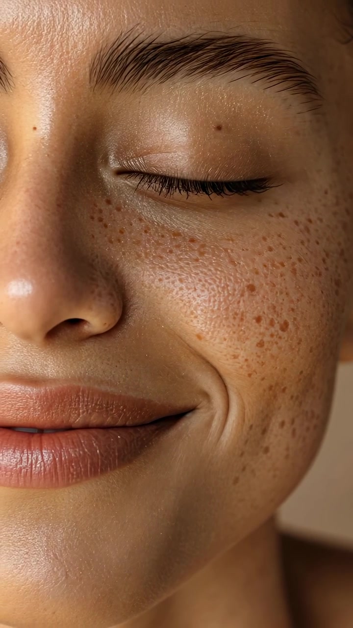 Mujer serena con pecas sonriendo con los ojos cerrados