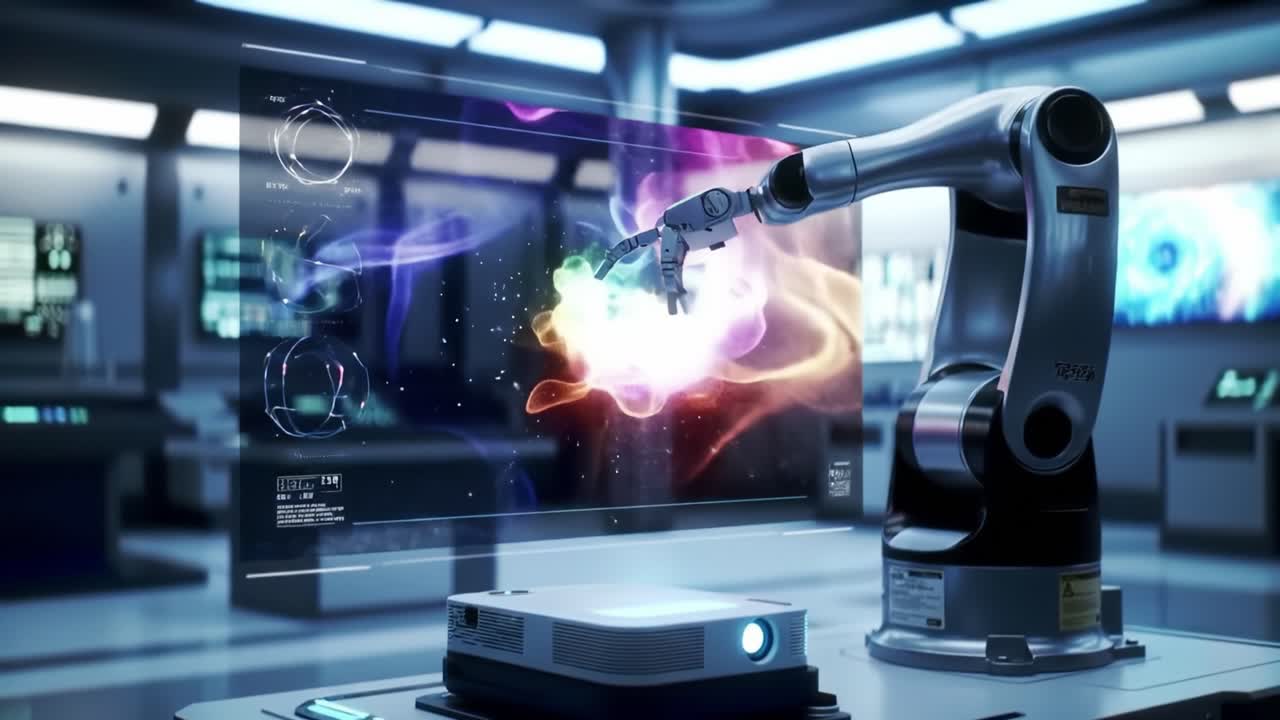 In a high-tech lab, a robotic arm skillfully generates a vibrant holographic image. The advanced technology showcases creativity and innovation in digital design.