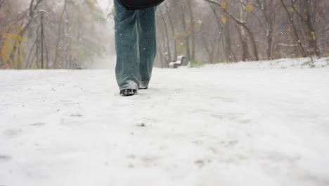 leg view of someone in snow boots and jeans walking along a snowy path framed by bare winter trees, with soft snowflakes falling gently