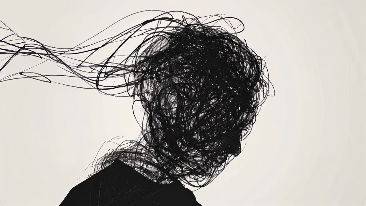 Abstract side profile of a person with tangled lines as hair, captured from a side angle