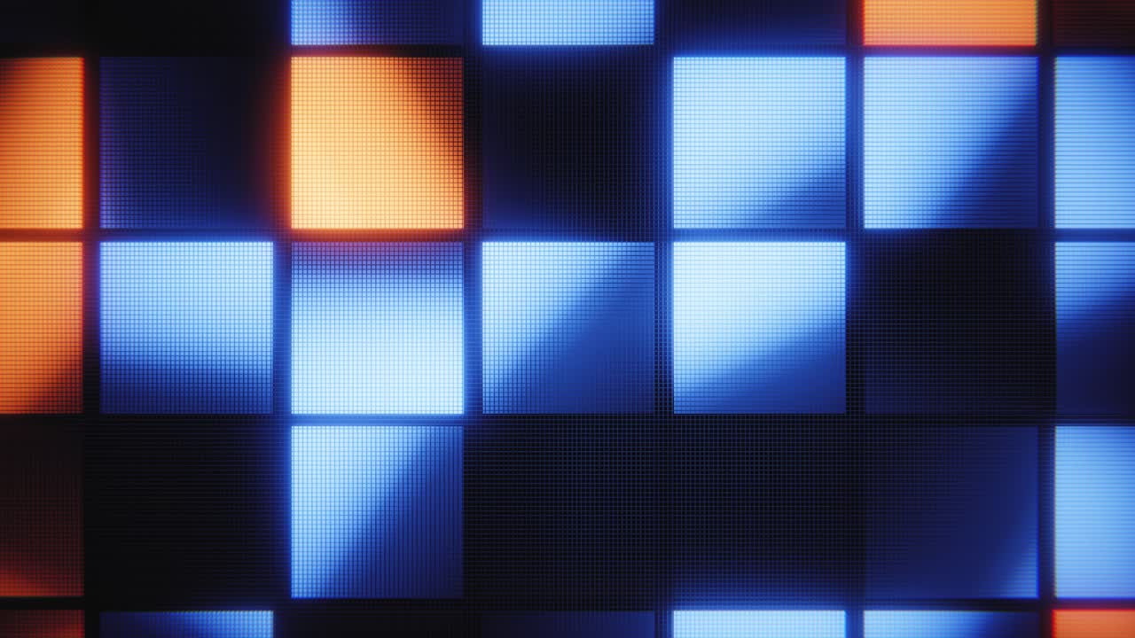 Abstraktní digitální mřížka s pulzujícími modrými a oranžovými světly