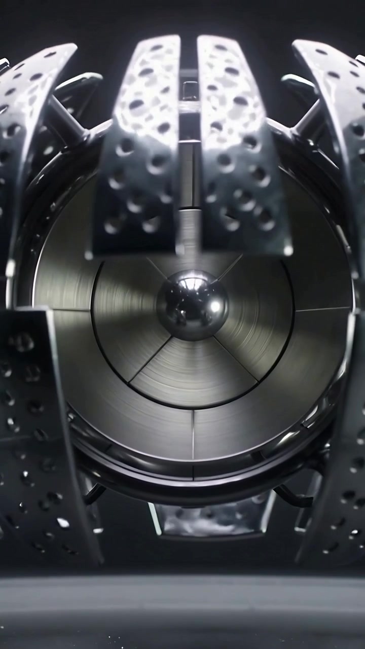 Vertical video: Activating hinges, holed metal orb folding panels on studio base