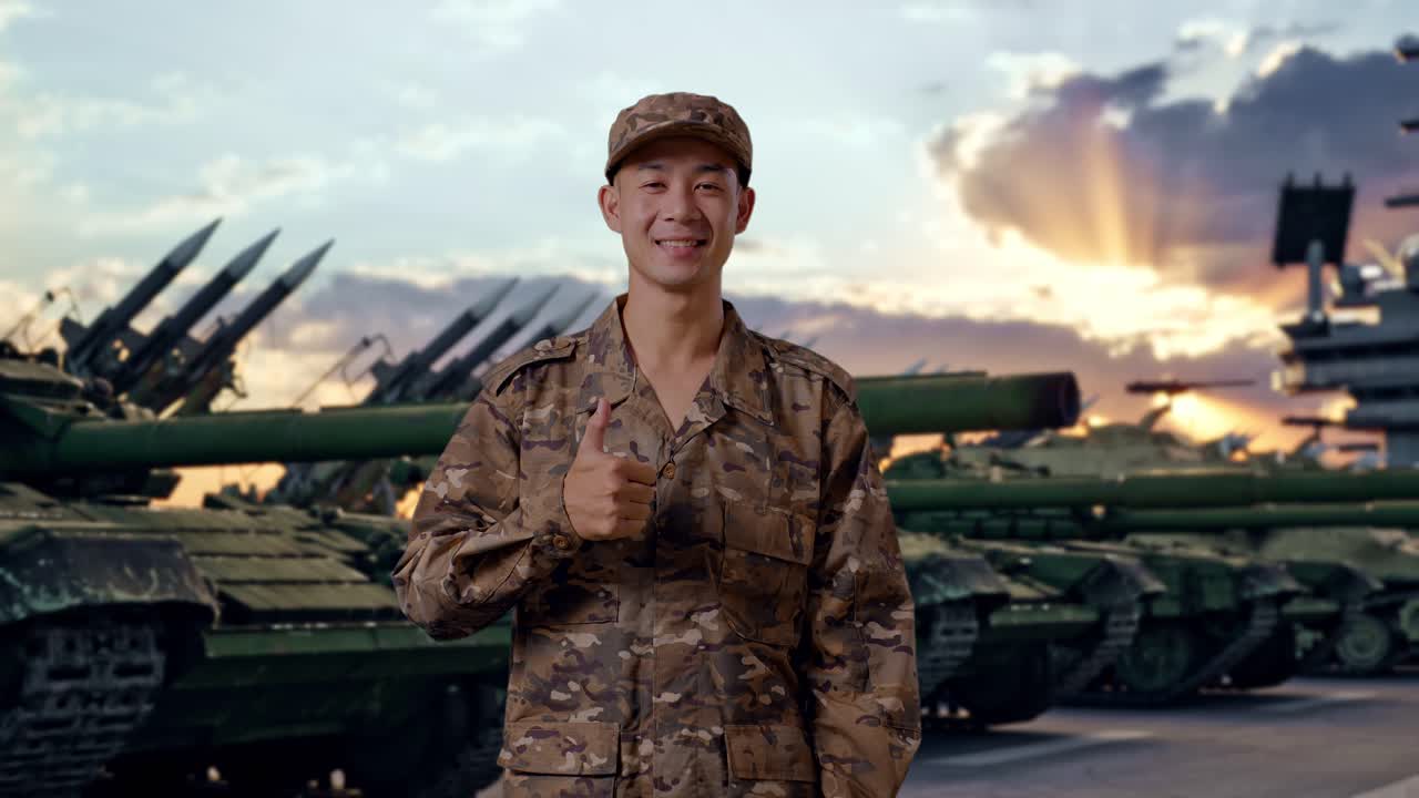 戦車と共に立ち、笑顔で親指を立てるアジア系の男性兵士