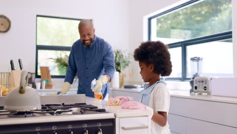 Cleaning,-father-and-child-helping-in-kitchen