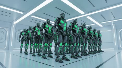a futuristic display of robotic entities in an ultraviolet-lit environment, showcasing advanced technology and sleek design with a collective formation.