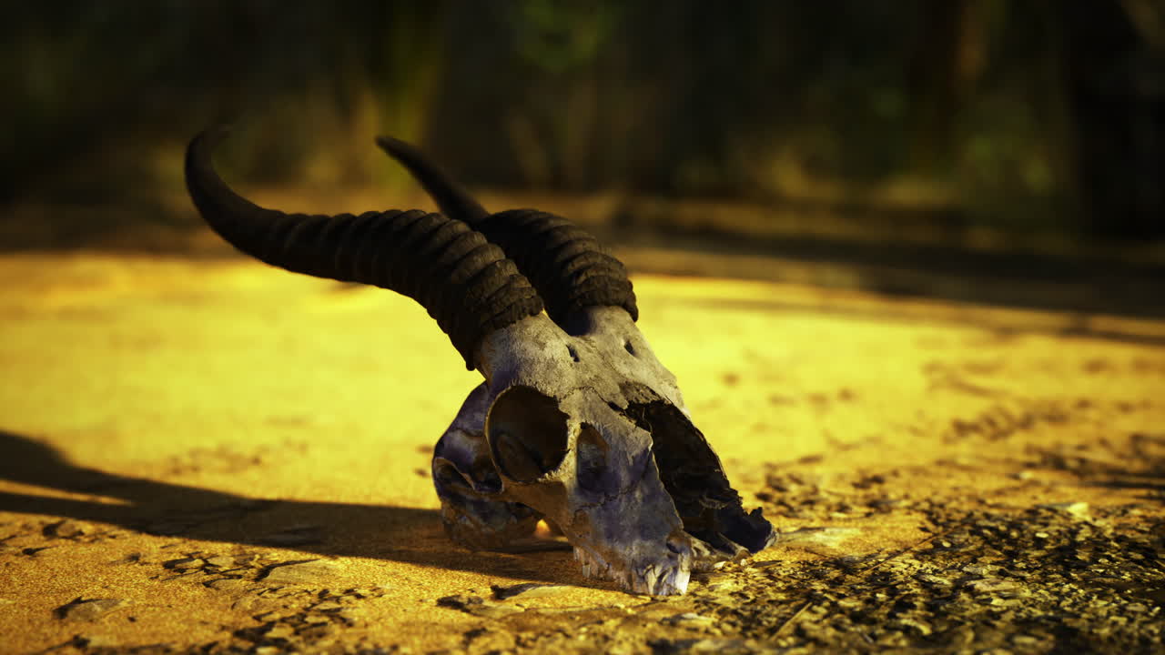 Skull of a goat resting on a sunlit ground in a natural setting