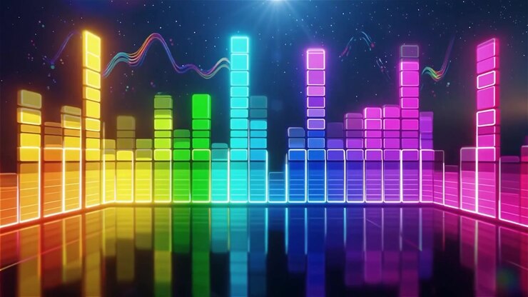 Sfondo visualizzatore equalizzatore musicale neon arcobaleno futuristico.