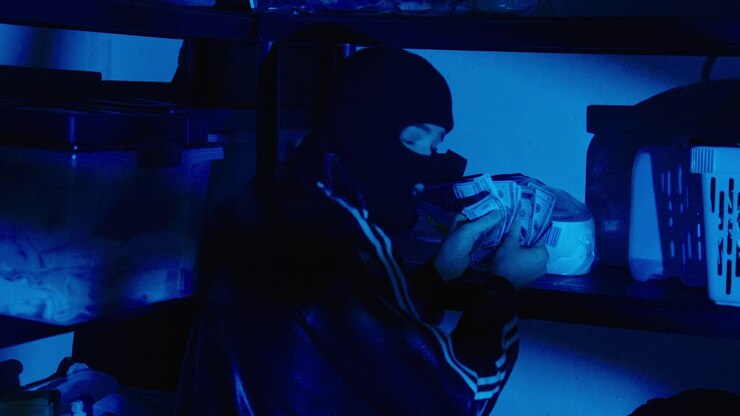 Scena cinematografica di un ladro mascherato che scopre denaro nascosto in un seminterrato di notte sotto luce blu, a simboleggiare furto, segretezza e attività criminale.