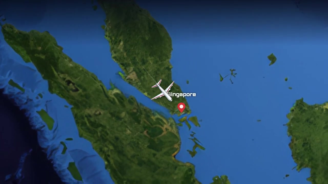 Commercial airplane flies across a 3D globe from Frankfurt Germany to Singapore Southeast Asia