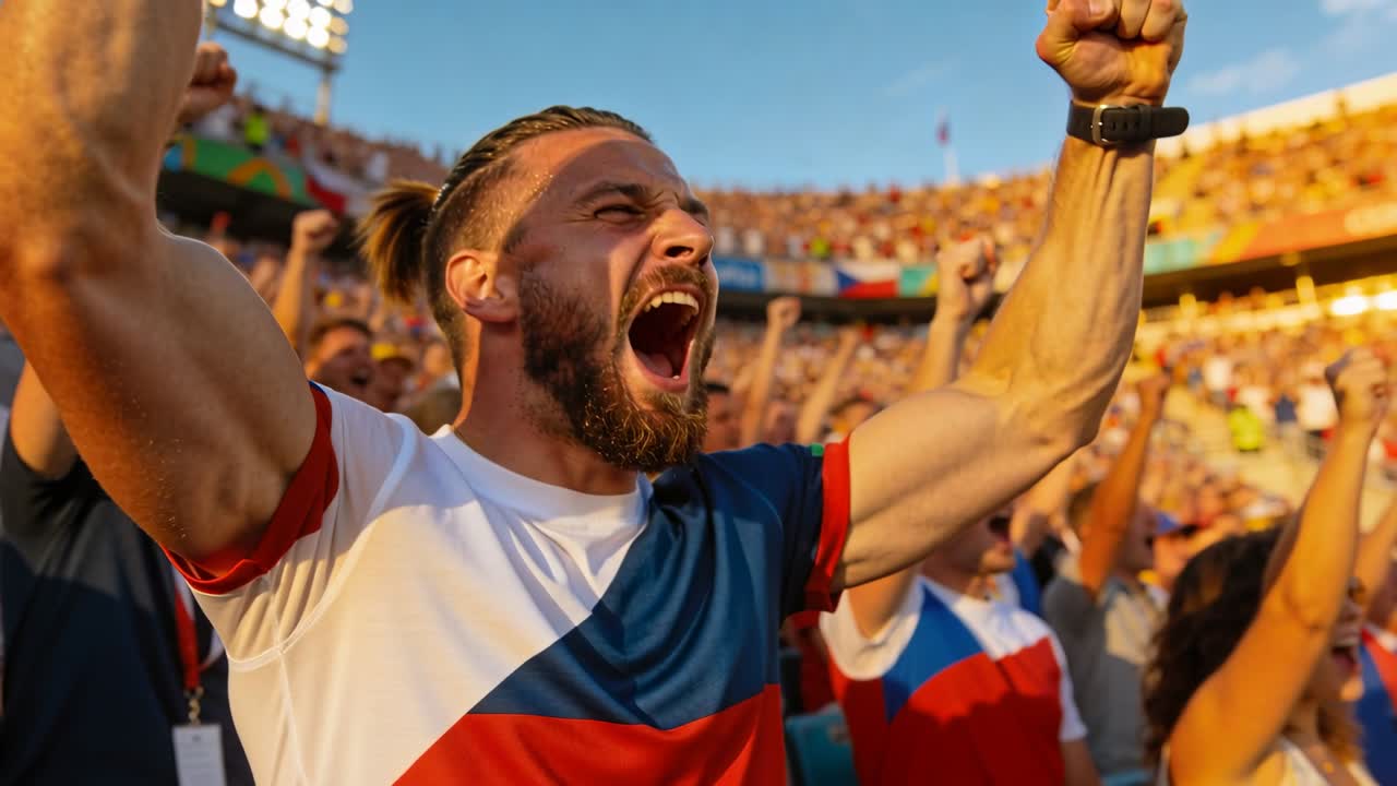En jublende skjeggete fan iført trefarget skjorte hever knyttede never og roper etter et lagmål på stadion.