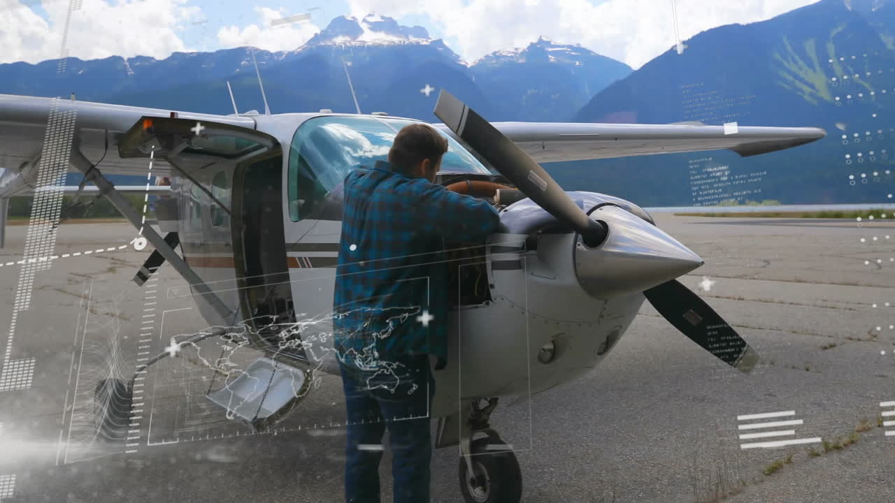 анимация цифровой обработки данных над кавказским инженером-мужчиной и самолетом