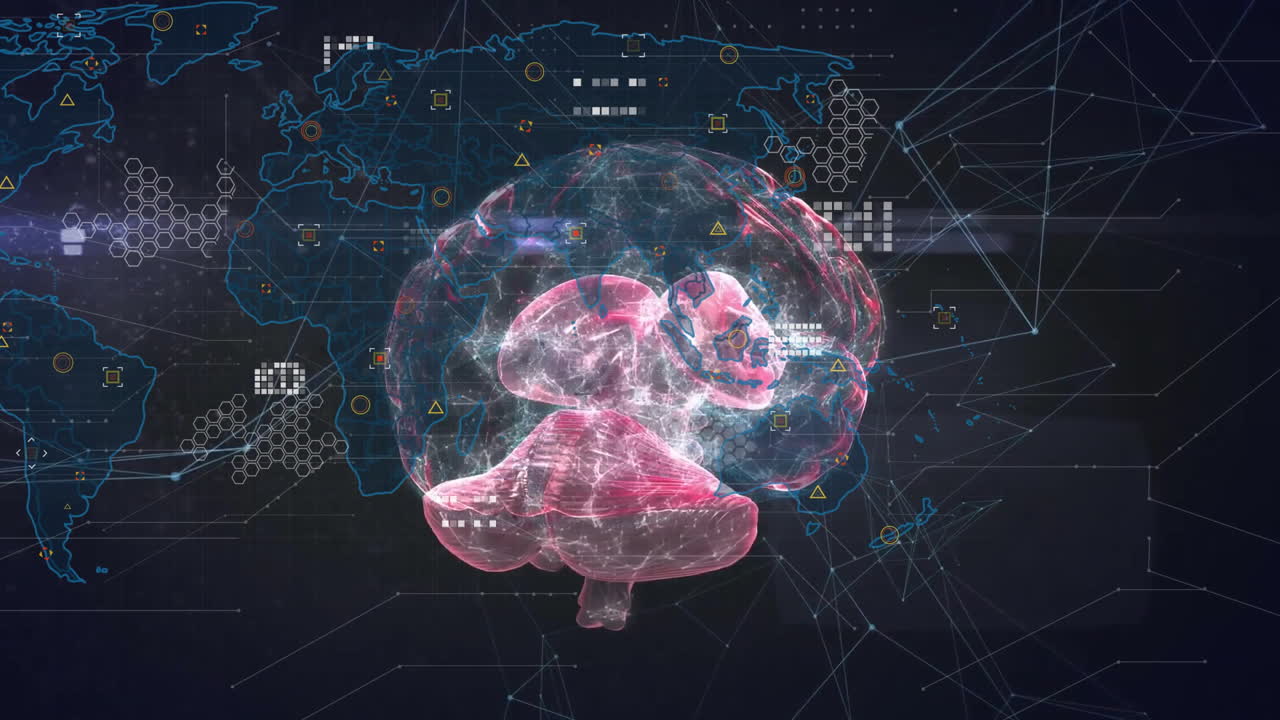 데이터 프로세싱 및 디지털 뇌 및 연결과 함께 검은 바탕에 세계 지도의 애니메이션