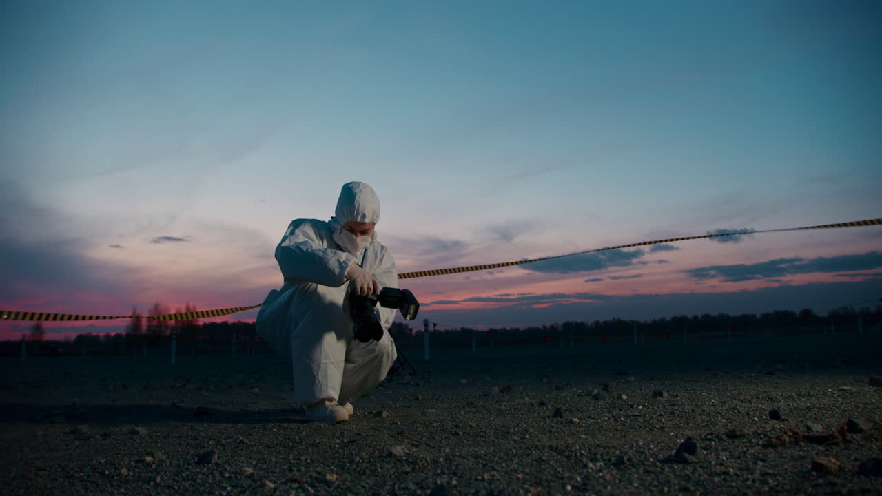 Scientist taking photos at a hazardous location at sunset