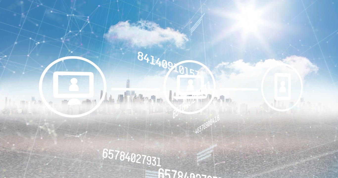 Animation of data processing over cityscape