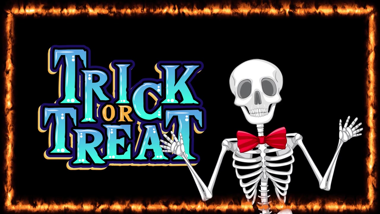Animated Skeleton Waving Next to Trick or Treat Sign