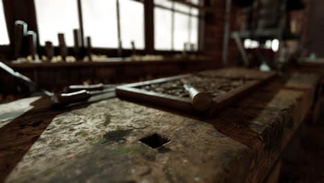 a woodworking workbench with tools