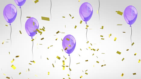 animation of gold confetti falling over purple party balloons rising on grey background